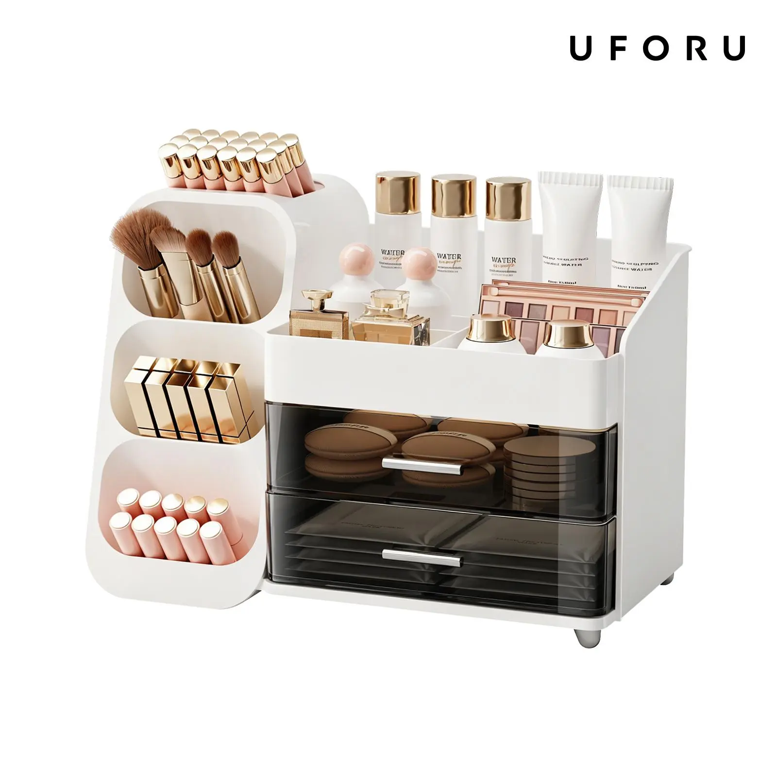UFORU Large Capacity Cosmetic Storage Drawer - Multi-Functional Beauty Supplies Organizer with Compartments for Makeup Brushes, Lipsticks, Eyebrow Pencils, Pocket Mirrors - Pink Vanity Box for Parents, Girlfriends (Home & Travel Use)