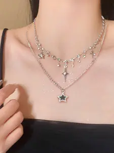 2pcs Dainty Star & Inlaid Layered Necklaces, High-End Feeling, Cool & Chic Style, Trendy Cross Pendant, Sweet & Cool Combination