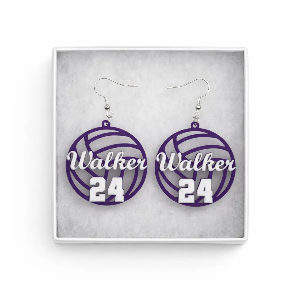Personalized Volleyball Earrings Name & Number Team Colors 3D Printed PLA 1.5 Inch Lightweight Gift Boxed for Volleyball Moms Players