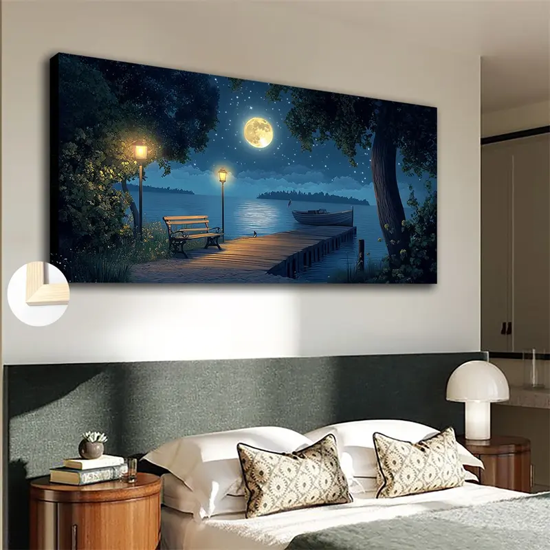 Wooden Framed Canvas Painting Large-sized framed canvas wall art, real and peaceful ship shore landscape painting, living room, bedroom, office, wedding and event decoration ocean-themed hanging painting, Wrapped in canvas