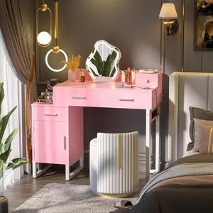 Unikito Modern Pink Vanity Set, Makeup Desk with LED Mirror & Storage Drawers, Dressing Table for Women Girls - Multiple Furniture Organization, vanity accessories, vanity mirror Pink Custom White