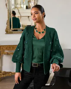 Gem Embellished Cardigan Deep Emerald