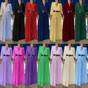 New Fashion V-neck Long Sleeve Shirt & Sequined Wide-Leg Pants Set - Elegant Slimming Belted Women's Chic 2-Piece Outfit - Basic Minimalist Womenswear Accessory Clothes Suits Fitted