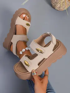 Women's Thick Sole Birkenstock Sandals, Vintage Workwear Style Metal Buckle Casual Shoes, PU Upper, Rubber Sole