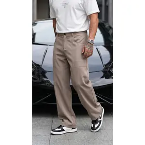 Men's Plain Wide-Leg Polyester Trousers, High-Waisted Casual Loose Comfy Baggy Fit for Streetwear and Commuting Beige Khaki