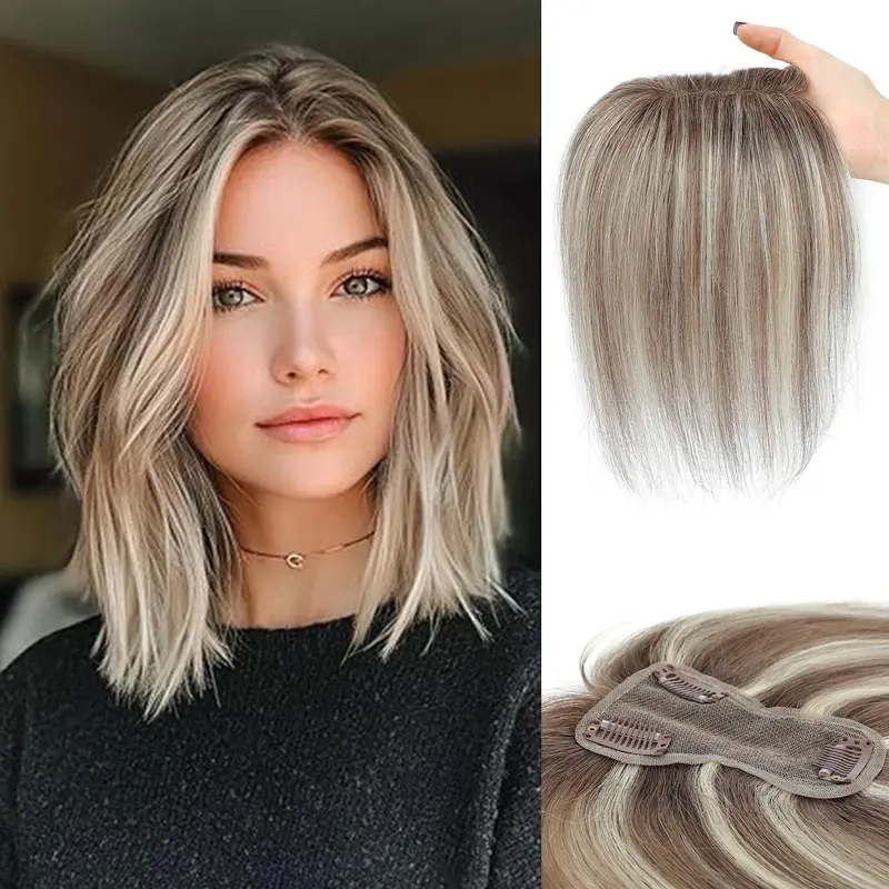 Vasilia Women's High Real Human Hair Topper, 10-14in Straight Silk Base Clip-In Pieces, Soft Seamless Swiss Lace, 10 Inch, Breathable & Light, Can Be Dyed, For Thinning Hair & Gray Coverage, Natural Look, Mother's Day Gift Option, Free Return