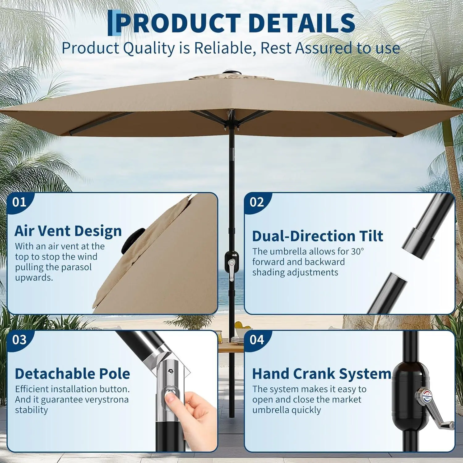10x6.5ft Rectangular Heavy Duty Polyester Patio Umbrella - Outdoor Shade Canopy, Adjustable Crank, Push Button Tilt, 6 Sturdy Ribs, Backyard Garden Accessories for Garden, Deck (Tan, Tables and Chairs Not Included) - 10x6.5ft Rectangular Heavy Duty Polyester Patio Umbrella - Outdoor Shade Canopy, Adjustable Crank, Push Button Tilt, 6 Sturdy Ribs, Backyard Garden Accessories for Garden, Deck (Tan, Tables and Chairs Not Included) -