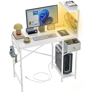 33.7" Computer Desk with Power Outlets, LED Lights & Drawer, Small Office Desk with Storage Bag & Hooks, Gaming Desk for Bedrooms or Home Office, Compact Study Desk for Small Spaces,White
