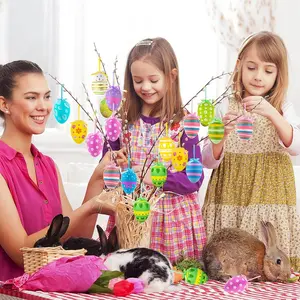 24 Easter Eggs Plastic Hanging Decorations, Colorful Hand-Painted DIY Crafts, Tree Ornament Set, Random Style, Hanging Ball Design