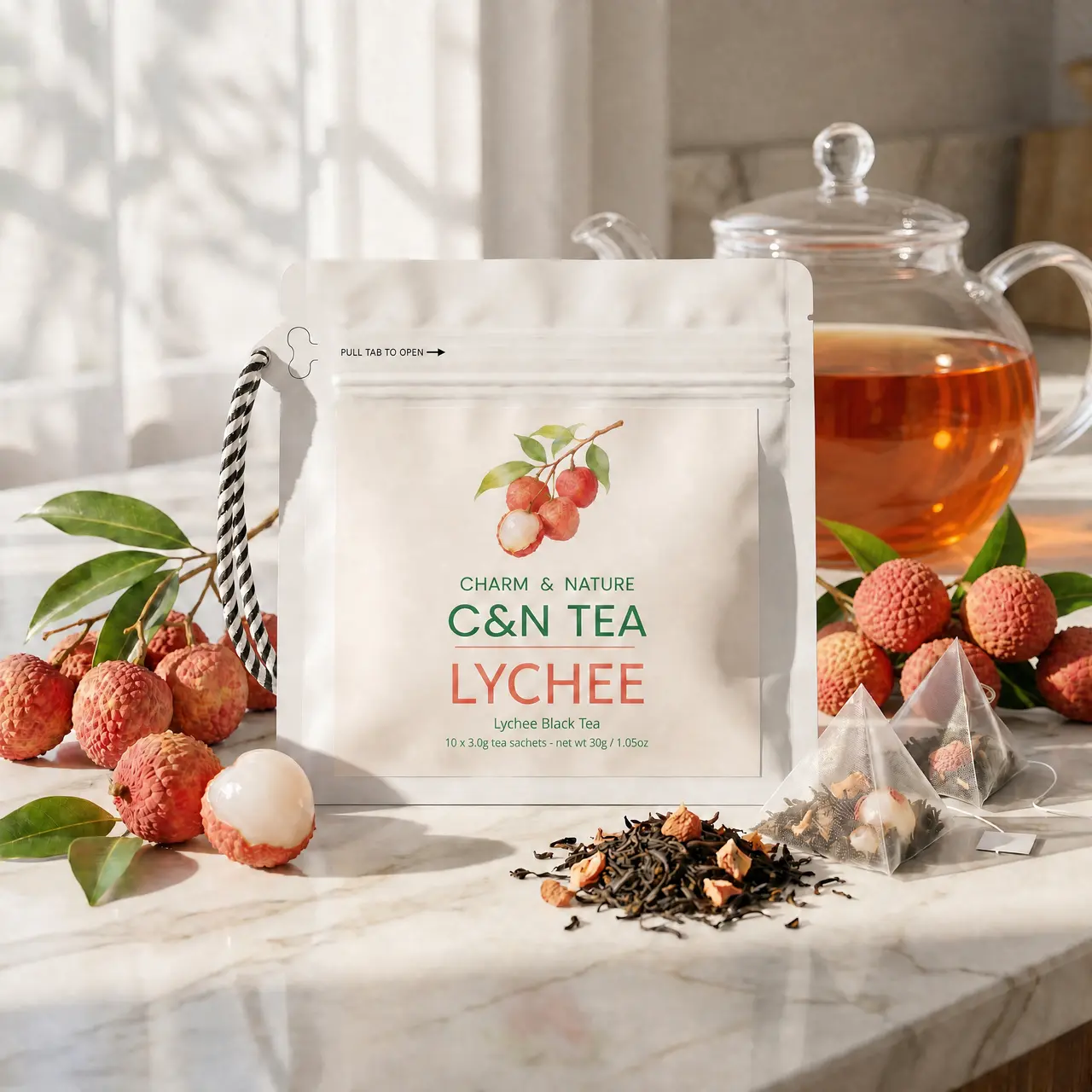Organic Lychee Black Tea Bags Caffeine Free,Cold-brewed tea Edible corn fiber tea Bags ,(Lychee & Black Tea), Sparkling Powdered Mix Beverage Enjoy Hot or Iced. (10bags)