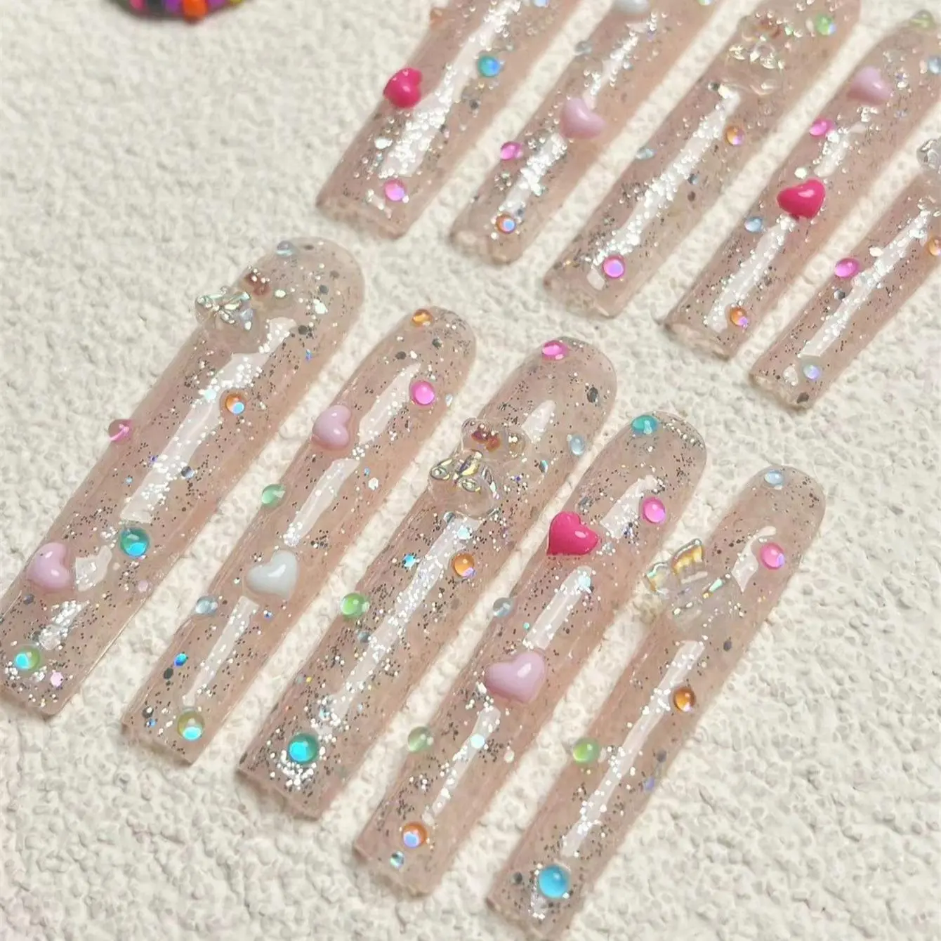 Heart Decor Glitter Extra Long Square Fake Nail, Heart Design Rhinestone, 10pcs/set Press on Nails with Nail File & Tape for Women & Girls DIY Nail Art, Nail Supplies, Rhinestone Decorated Heart, Glittering Fake Nails