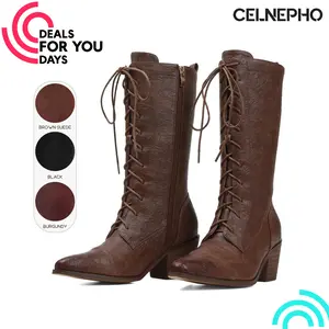 CELNEPHO Women Cowboy Boots Pointed Toe Chunky Block Heel Granny Boot Mid Calf Boot Easy Pull on Lace up Motorcycle Combat Booties Side Zipper Closure Casual Work Country Wedding Dress Shoes Deals For You Days