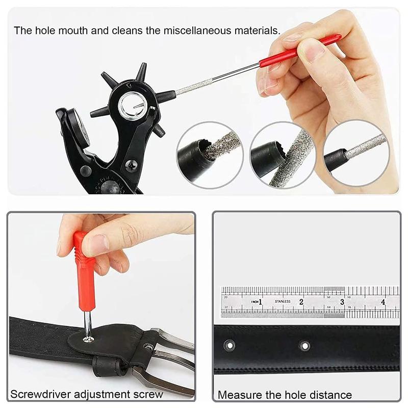 Leather Hole Puncher for Belts Watches Handbags Revolving Punch Plier Kit with 6 Stage Rotation Ergonomic Design 2 4.5mm Punching Diameter Professional Leather Punch Tool