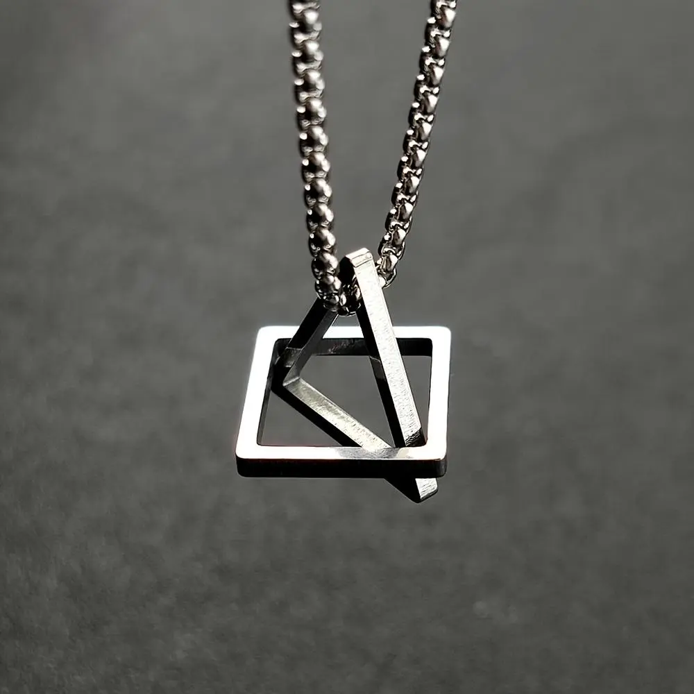 Geometric Triangle and Square Pendant Necklace with Stainless Steel Chain, Chrome-Tone & Crystal-Style Necklace for Casual Attire & Holiday Wear, Chrome-Tone Necklaces, Crystal-Style Necklaces