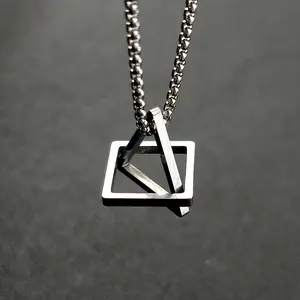 Geometric Triangle and Square Pendant Necklace with Stainless Steel Chain, Chrome-Tone & Crystal-Style Necklace for Casual Attire & Holiday Wear, Chrome-Tone Necklaces, Crystal-Style Necklaces