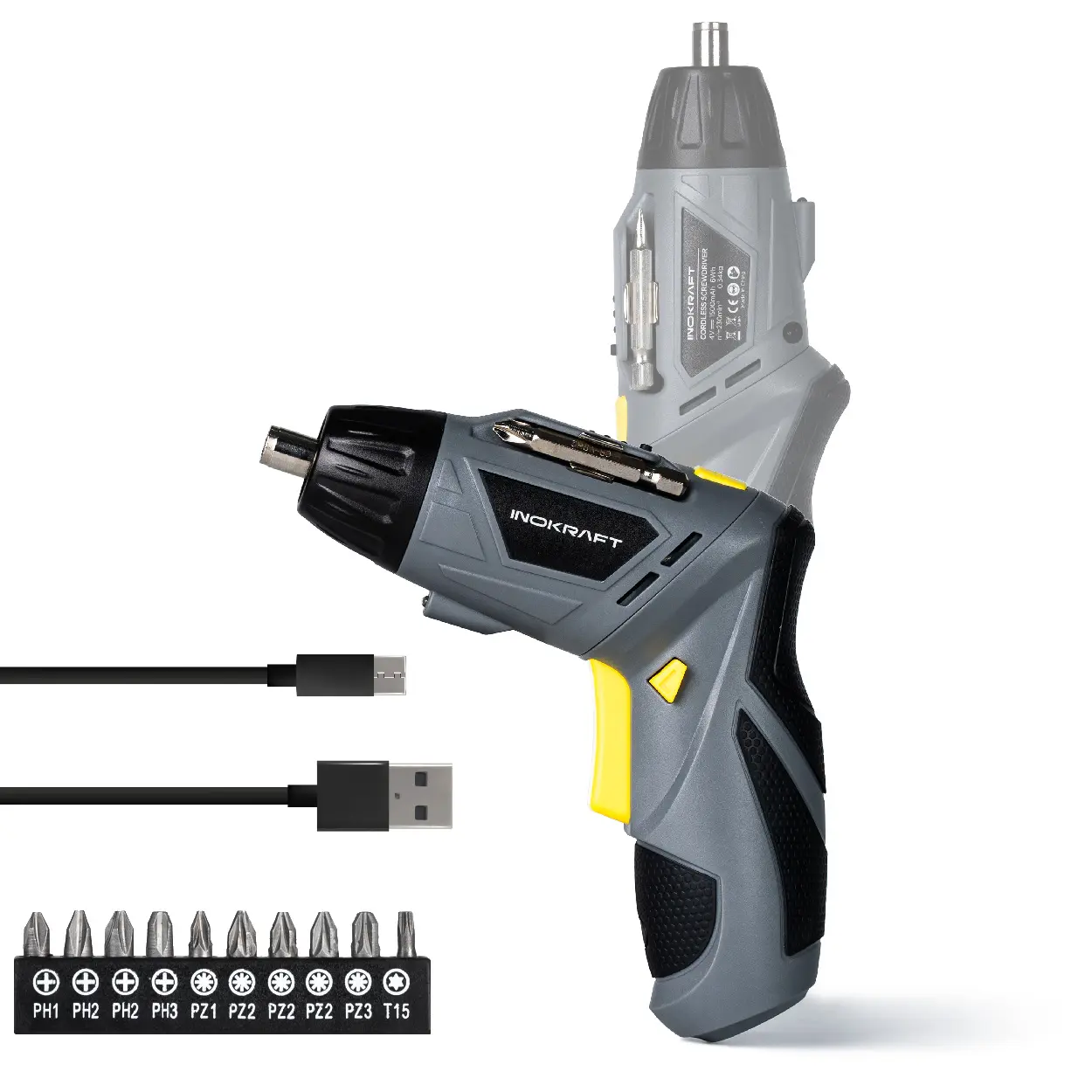 InoKraft 4V Single-Speed Cordless Electric Screwdriver Kit - Cordless Power Tool with Pivoting Handle, 10 Screw Bits, LED Lights, Batteries for Wood, Bracket Installation, Brackets