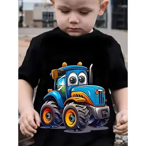 Summer Cartoon Car Print T-Shirt for Kids, Featuring a Cute And Casual Round Neck Short Sleeve Design, Perfect for Toddlers' Everyday Wear And Holidays