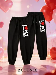 Unisex Comfortable Home Casual Pants, Soft Fabric, Base with Side Heart Print, Couple Set for Valentine's Day