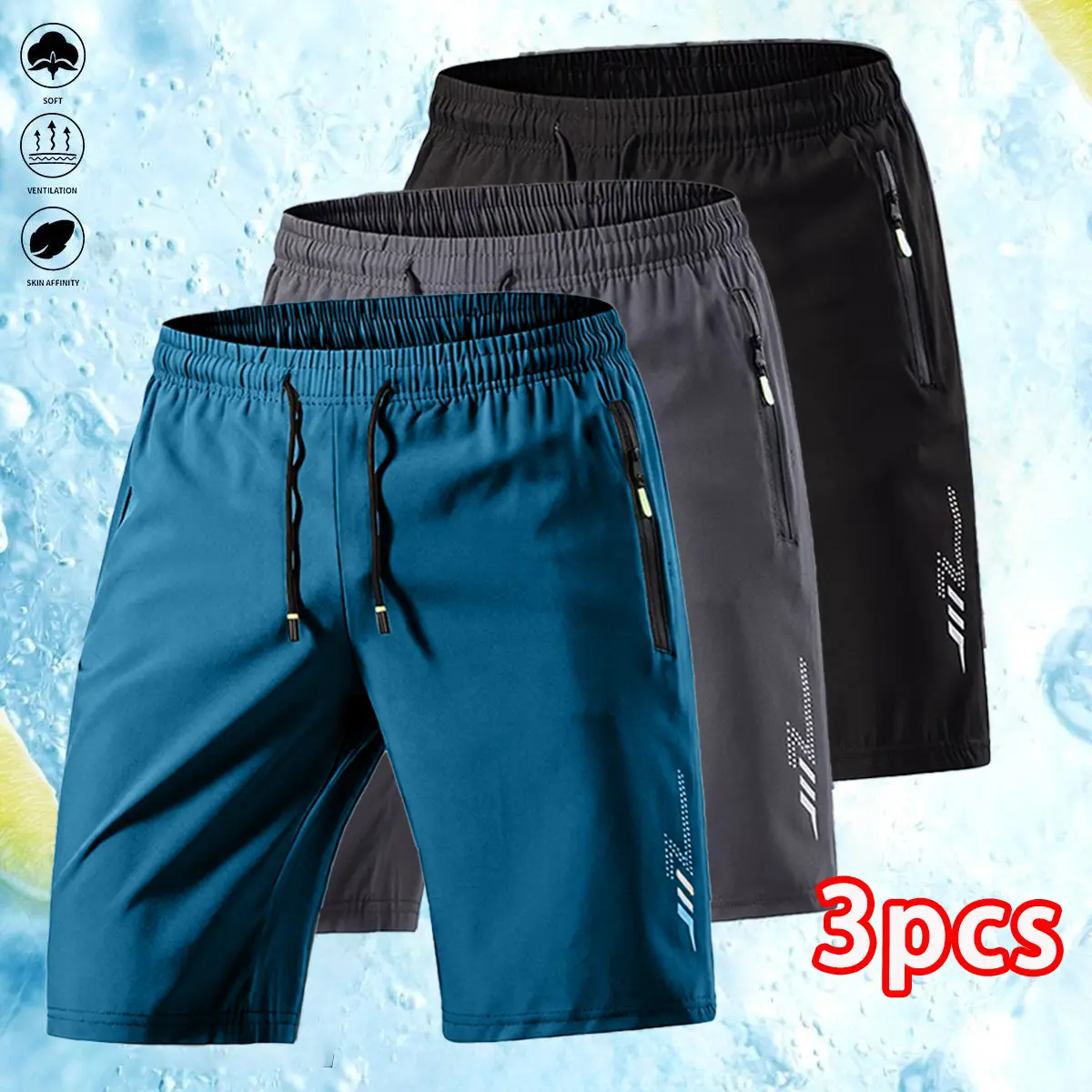Men’s 3-Pack  Men's Lightning Print Quick-Dry Shorts — Casual Printed Boyfriend Style, Jersey Style, Athletic Gym Shorts, Basketball Shorts, Lightweight Sweatpants with Drawstring Waistband, Elasticated Fit, Perfect for Basketball