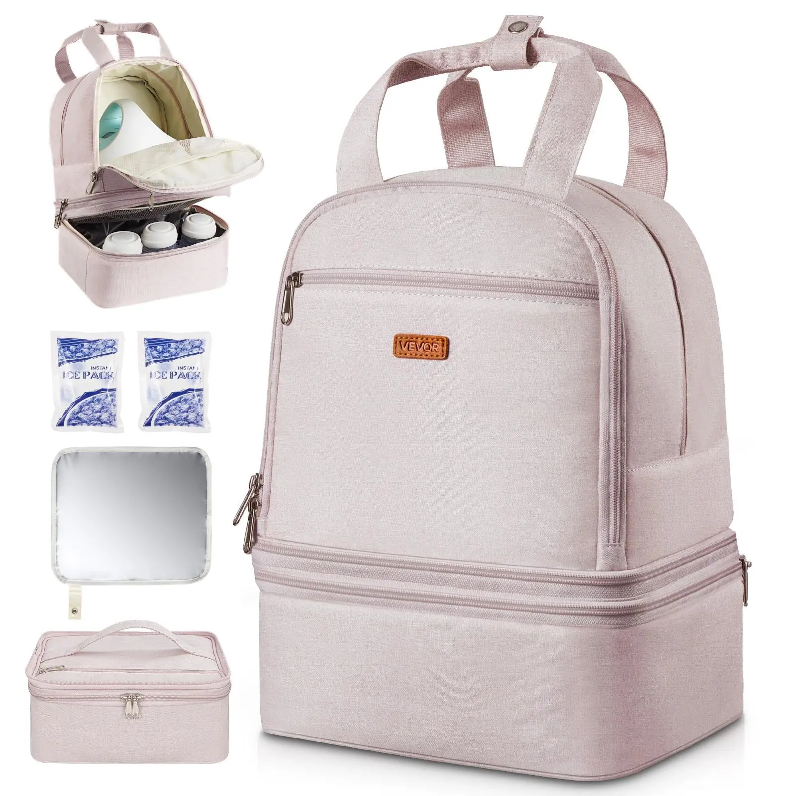 VEVOR Insulated Waterproof Nursing Mommy Backpack with Ice Pack Slot, Fits S1/S2 Breast Pump, Holds Pumping Accessories & Breastmilk Storage, Portable Diaper Bag for Work & Travel, Light Pink