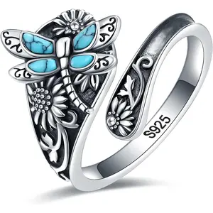 S925-Sterling-Silver Abalone Dragonfly-Turquoise Spoon Ring - Vintage Boho Sunflower Thumb Oxidized Wrap Rings Victorian Style Antique Floral Jewelry Gifts for Women