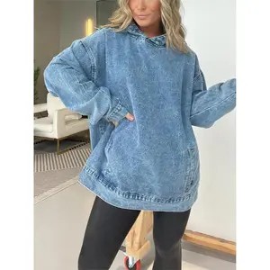 Cross-borderEuropeanandAmericanHot-SellingNewWomen'sFashionVersatileLooseHoodedPulloverDenimSweatshirt