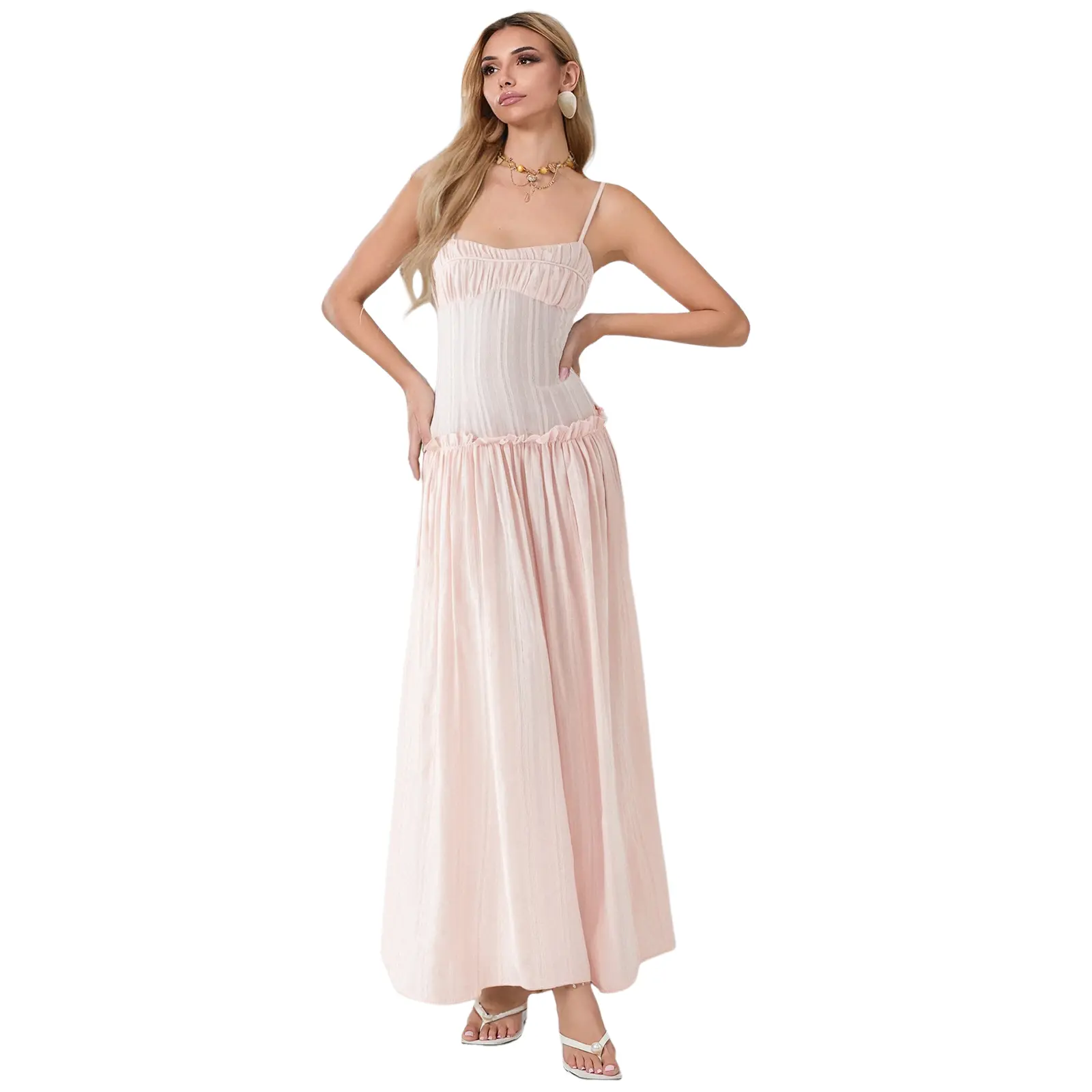 Women Long Dress Solid Color Spaghetti Strap Cami Dress Summer Fashion Sleeveless Casual Dress