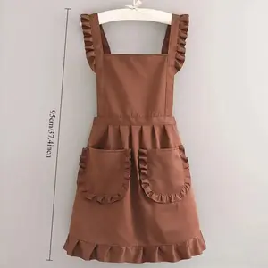 [Elegant Polyester Apron] 1Count Elegant Polyester Apron for Women - Stylish Black with Ruffled Detail, Perfect for Kitchen, Salon, or Giving