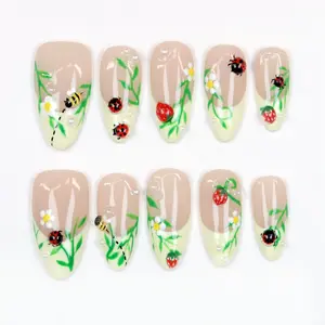 HelenNails – Ladybug Garden 3D Press On Nails | Cute Bug & Floral Summer Nails | Y2K Freestyle Holiday Nail Art | Handmade Almond Set – HL687.