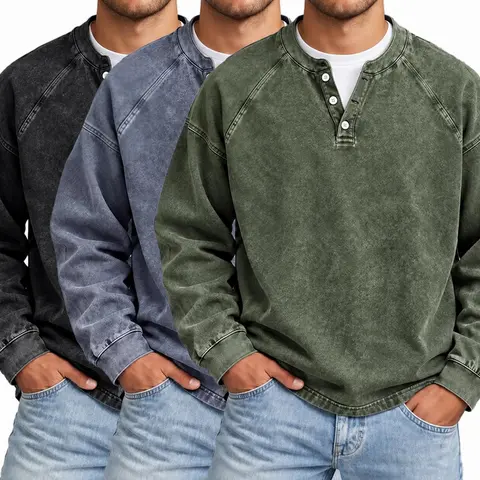 Men's Vintage Washed 3-Buttons Henley Long Sleeve Shirt, Oversized Pullover with Relaxed Fit, Ribbed Cuffs, Retro Streetwear for Fall Layering, Men's Clothing Available in Black, Gray, Coffee, Army Green