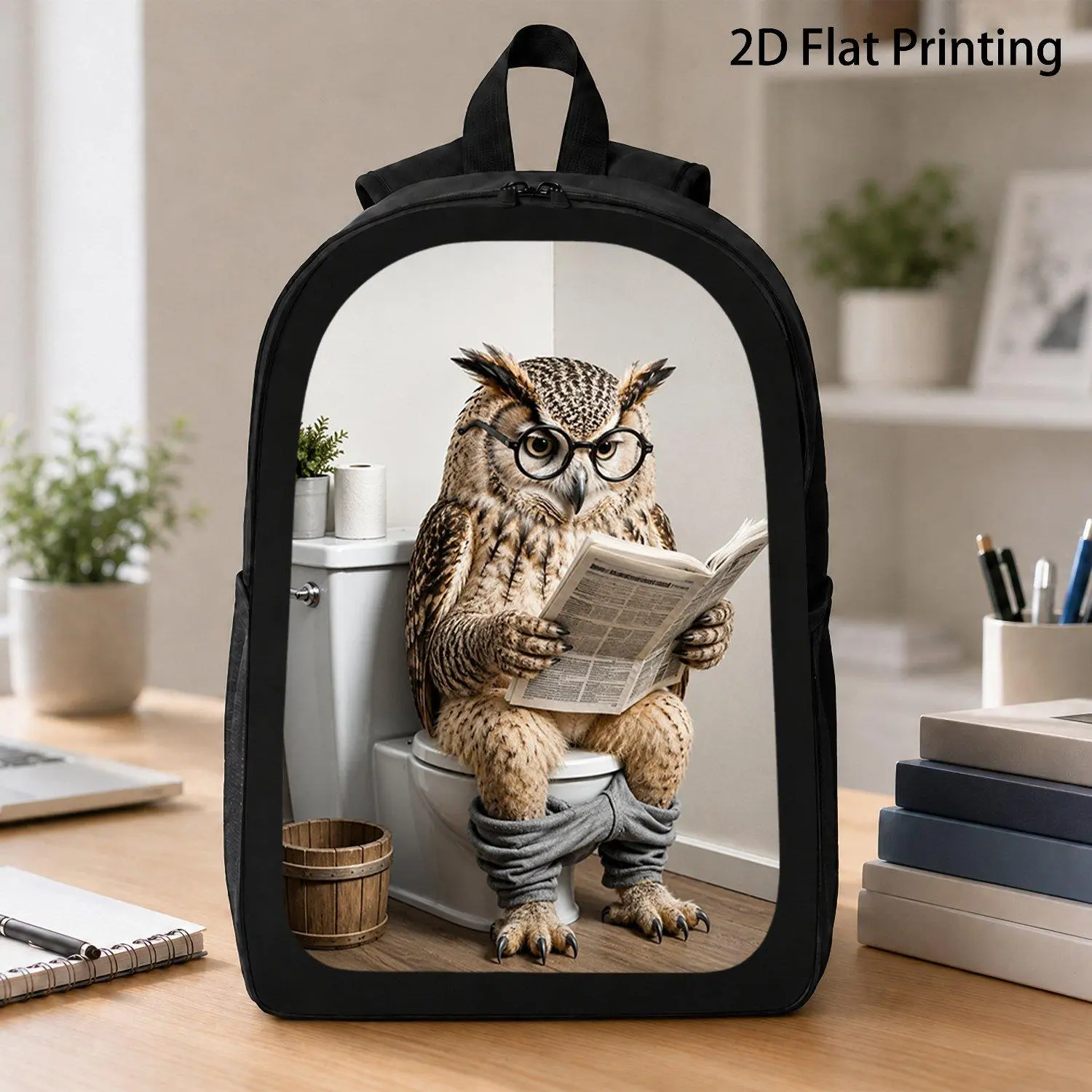 17 Inch Large Backpack Featuring Wise Owl Wearing Round Glasses Reading Newspaper On Toilet Humorous Animal Print Trending Spacious Backpack Suitable For Work School Travel