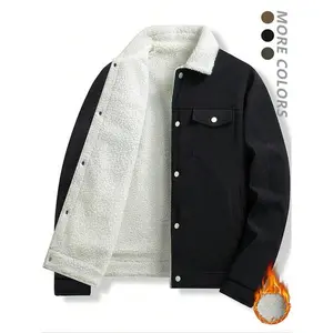 Men's Solid Button Front Pocket Corduroy Fleece Jacket, Regular Fit Casual Long Sleeve Collared Outerwear for Fall & Winter, Men's Clothes for Daily Wear