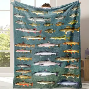 1 Piece Fish Theme Flannel Throw Blanket - Soft, Warm, Lightweight - Modern Design with Realistic Freshwater Fish Illustrations - Perfect for Home, Office, Gift - Blue-Green Color Scheme - All-Season Comfortable Travel Blanket