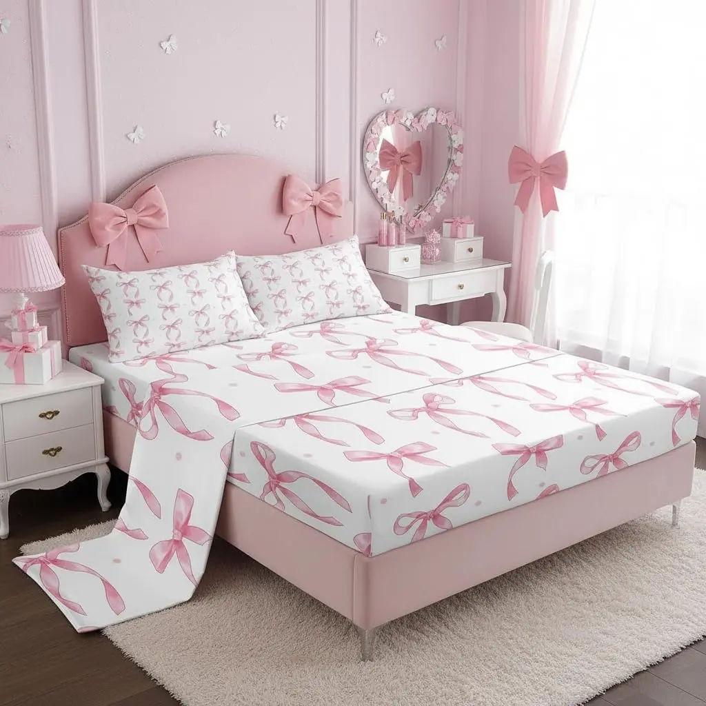 Cute Pink Bow Bed Sheets for,Ribbon Bow Knot Bedding Set Kawaii Room Decor,Princess Bowknot Fitted Flat Sheety Pink Bows Bed Sets,1 Pillowcase