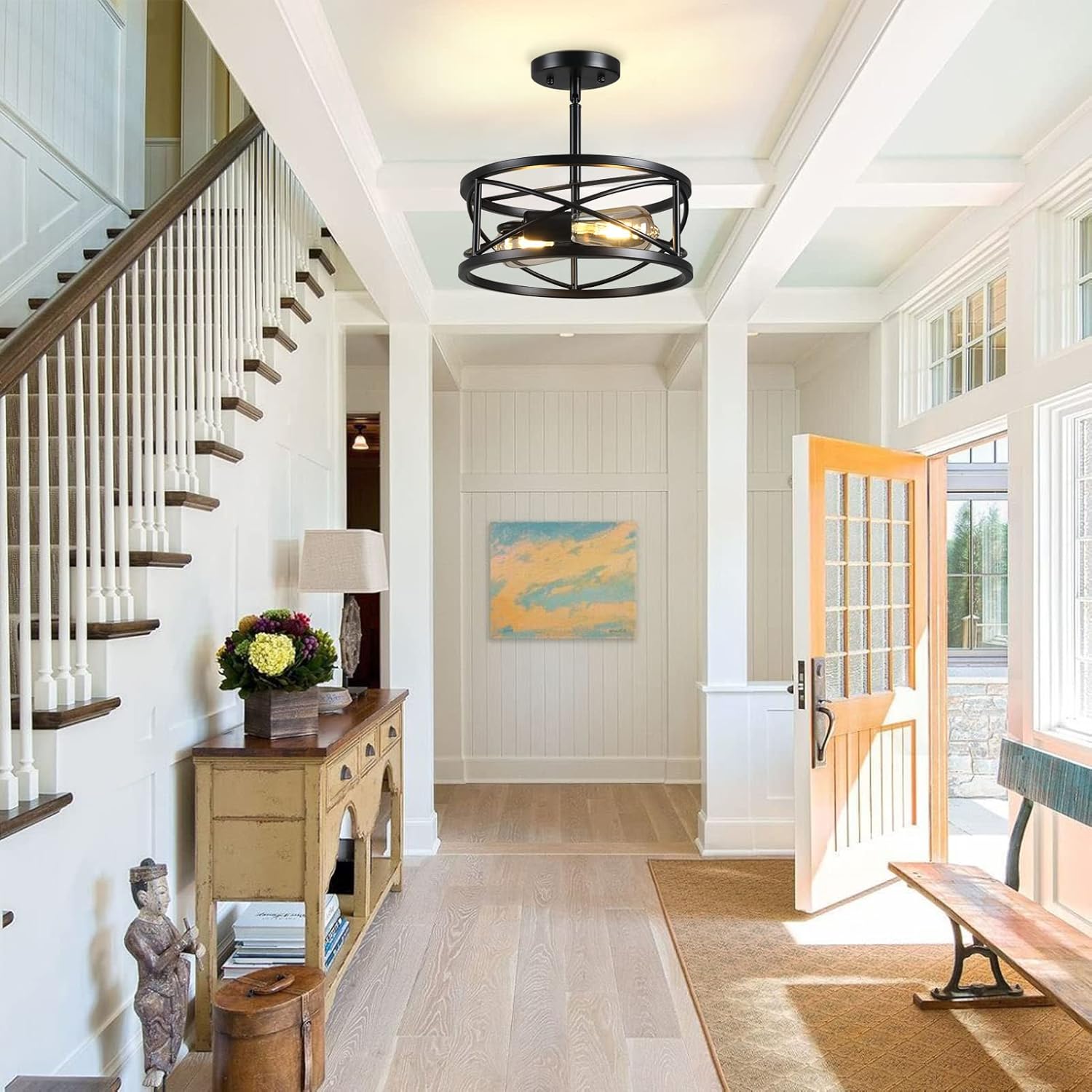 Farmhouse Semi Flush Mount Ceiling Light Fixtures, 11.8" 2-Light Black Industrial Metal Cage Lighting for Hallway Kitchen Entryway Bedroom