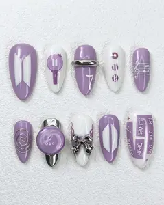 Purple Borahae ARMY Fandom Press-On False Nails - Custom All-Member Names Art, Kpop Concert Merch, Edgy Y2K Nail Art Accessories