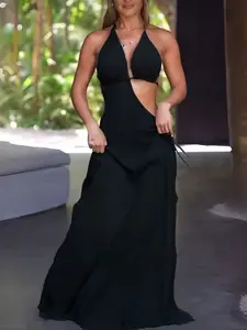Sexy Backless Halter Neck Dress Woven with Side Tie Belt, High Slit Design, Perfect for Vacation Wear, Elegant Long Evening Gown