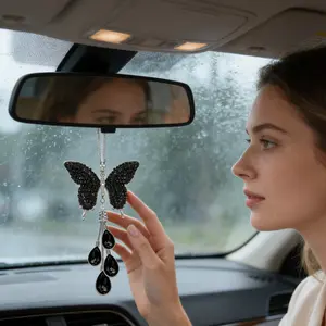 Full Rhinestone Butterfly Car Pendant, Crystal Tassel Rearview Mirror Decor, Car Interior Accessory, Girl's Birthday Gift, Car Interior Decoration, Boujee Car Accessories