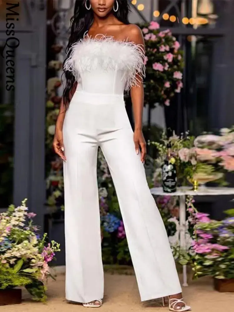 Women's Elegant White Jumpsuit, Sleeveless Sequined Backless Outfit with Feather Panels and Flared Legs, Overalls, Top, Elegance, Trouser, Sequins, Backless Top, Flared Trousers, Feathers, Piece