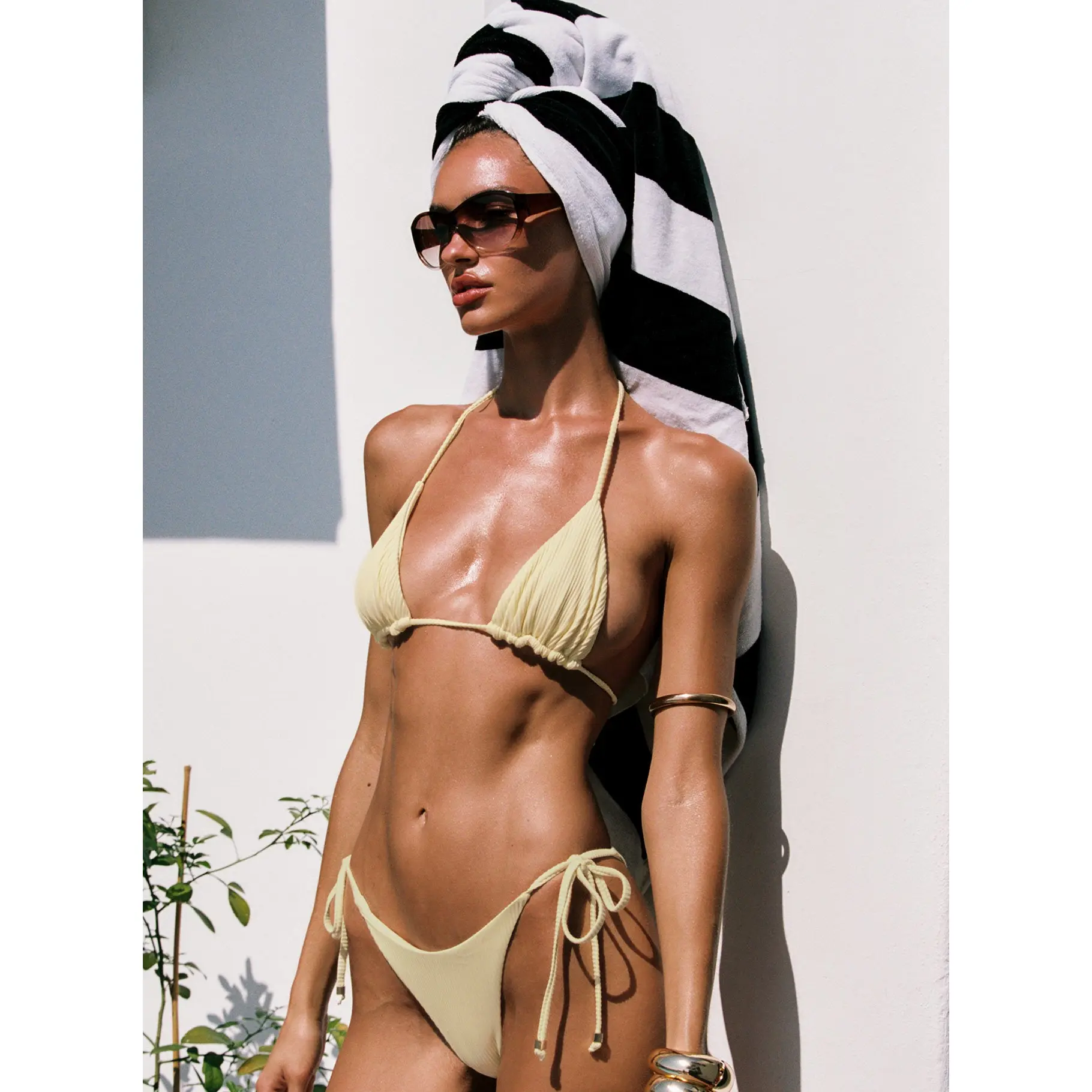 Nevaeh Ribbed Triangle Bikini Top Yellow