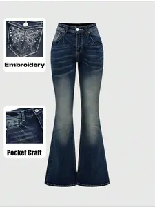 Women's High Waist Fitted Vintage Rhinestone Butterfly Embroidered Jeans, Elegant Chic Flare Pants, Retro Style Denim Trousers