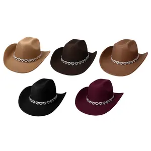 Women's Classic Wide Brim Western Cowboy Cowgirl Hat With Love Heart Decorative Chain