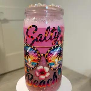 16oz Beach Snow Globe Tumbler with Vibrant Pink Water and Variety of Shells/Charms/Glitter