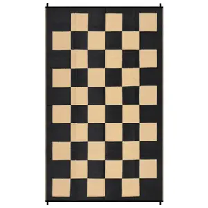 Large Waterproof Reversible Outdoor Rug 9x18ft – Modern Geometric Checkboard Plastic Straw Mat – UV-Resistant, collapsible Carpet for Patio, Deck, Camping, Picnic – Black Brown, 9x18ft