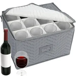 LotFancy Stemware Storage Container - Deluxe Quilted Storage Case with Dividers for 12 - Wine Glasses, Champagne Flutes, Glassware, Drinkware Storage Box Chest, 15.5"x12.5"x 10", Gray