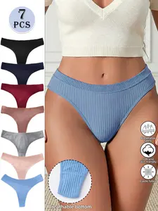 7pcs Seamless Low Waist Sexy Ribbed Knit Panties Comfy Breathable Panty Comfortable Soft Breathable Fabric Yoga Sports Briefs & Thongs Underwear For Women Activewear
