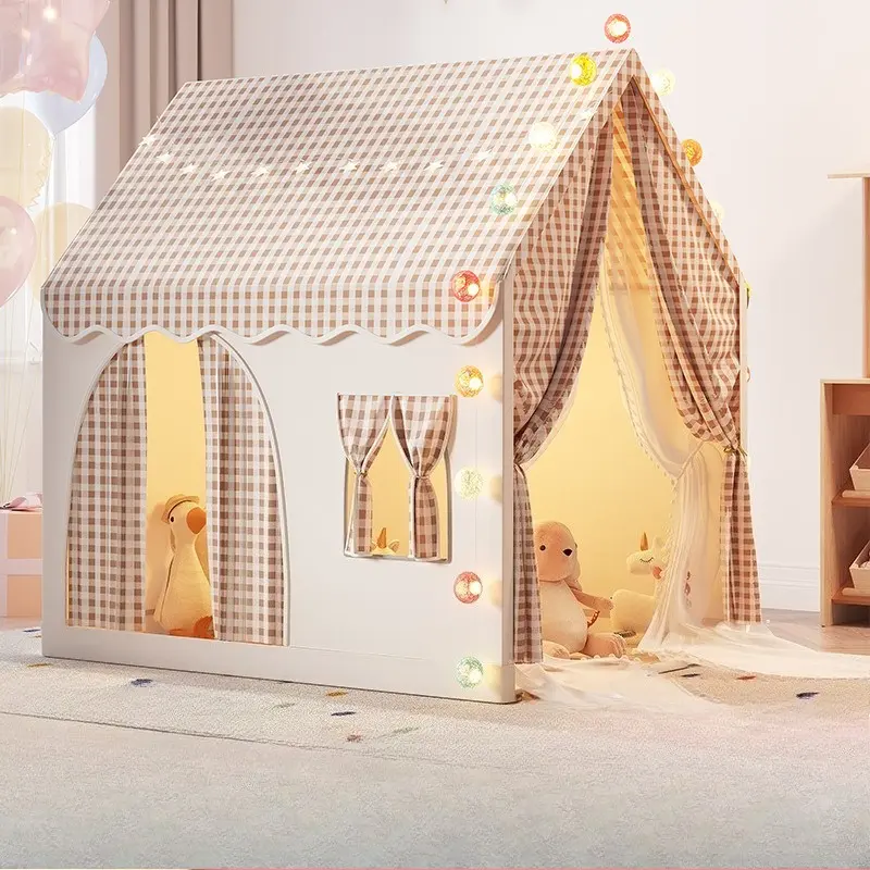 Kids Indoor Princess Castle Tent, Foldable Playhouse with String Lights, Plaid Decor Design, Bedroom & Playroom Use, Must-Have for Girls’ Imaginative Play & Sleepovers