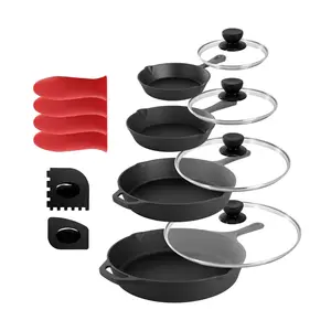 MegaChef 14 Pc Cast Iron Skillet Set w/ Tempered Glass Lid MegaChef 14 Pc Cast Iron Skillet Set w/ Tempered Glass Lid