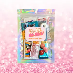 hangover recovery kit bag, too lit oh shit party kit with goodies for bachelorettes bridesmaids girls night out, beach travel survival kit
