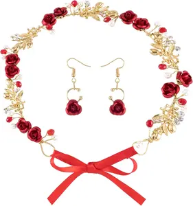 Red Flower Crowns for Women, Rhinestone Red Rose Hair Accessories Bride Earrings, Crowns Tiaras Headbands Headpiece Hair  for Women Wedding Engagement Birthday Christmas